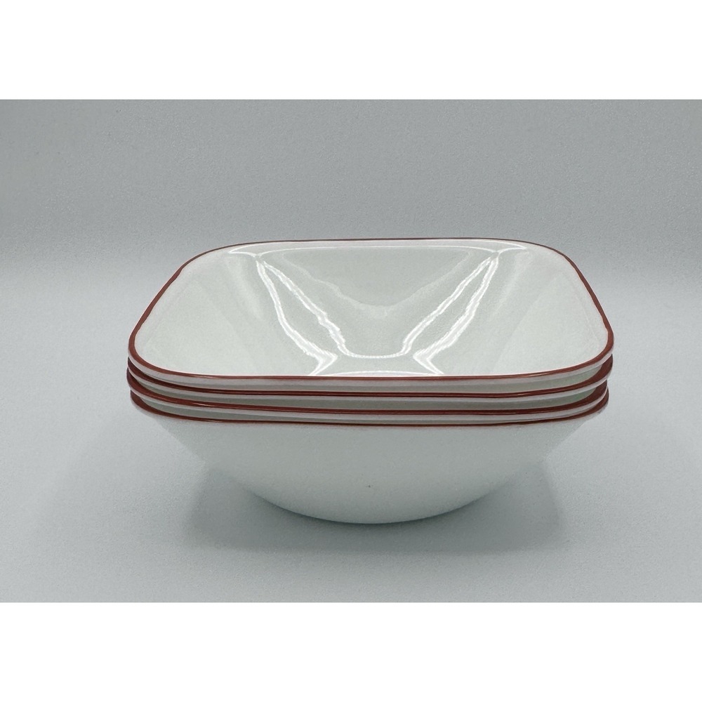 Corelle Happy Days Set of 4 Square Soup Cereal Bowls White Red Rim USA